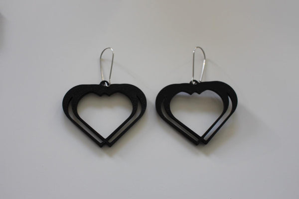 Black Double Heart Earrings | Layered Open Heart Drop Earrings | 3D Printed | Gold or Silver Hook | Valentine Gift | Statement Jewellery